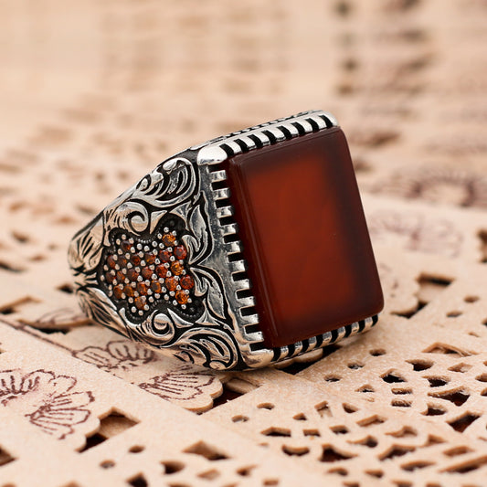 Kırmızı Kare Taşlı Erkek Yüzük (SS-025)