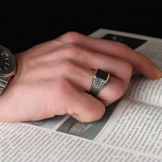 Siyah Oniks Taşlı Gümüş Yüzük