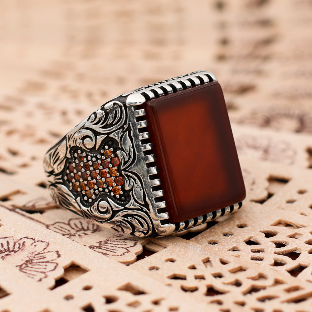 Kırmızı Kare Taşlı Erkek Yüzük (SS-025)