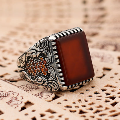 Kırmızı Kare Taşlı Erkek Yüzük (SS-025)