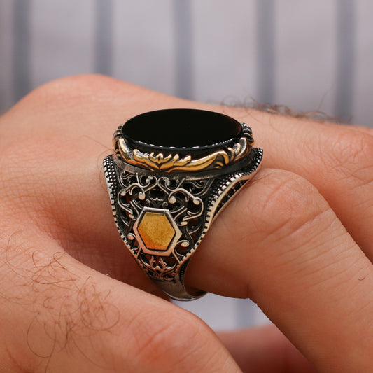 Siyah Akik Taşlı Erkek Yüzük