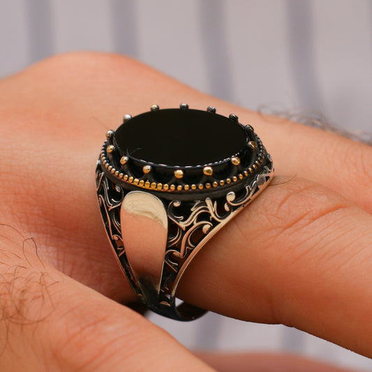 Siyah Oniks Taşlı Gümüş Yüzük