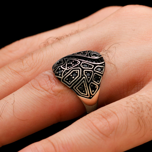 Siyah Zirkon Taş Süslemeli Erkek Yüzük (SS-042)