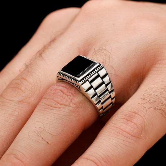 Siyah Kare Oniks Taşlı Gümüş Yüzük
