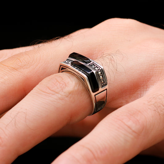 Markazit Ve Siyah Oniks Taşlı Gümüş Yüzük