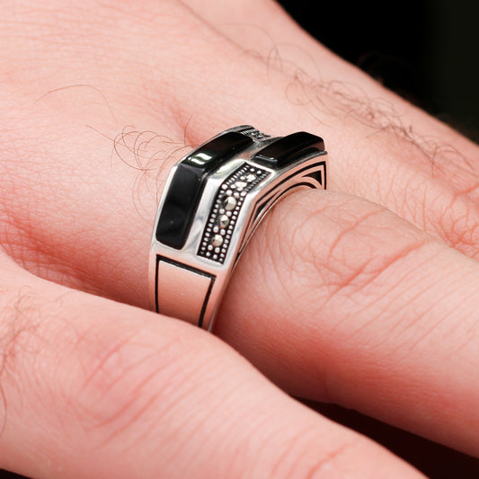 Markazit Ve Siyah Oniks Taşlı Gümüş Yüzük