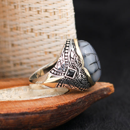 Desenli Akik Taşlı Gümüş Yüzük
