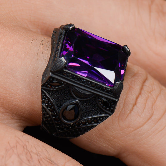 Ametist Taşlı Zirkon Taş Süslemeli 925 Ayar Gümüş Yüzük