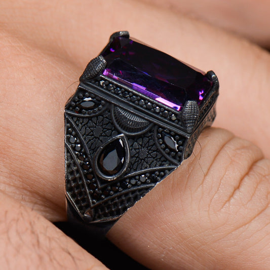 Ametist Taşlı Zirkon Taş Süslemeli 925 Ayar Gümüş Yüzük