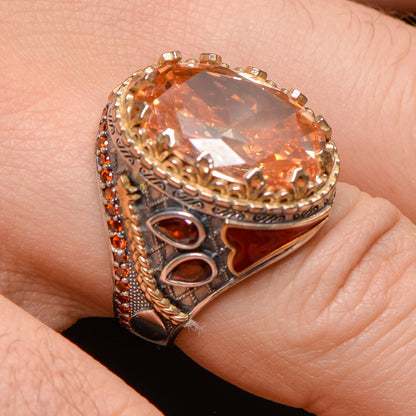 Sitrin Taşlı Şampanya Topaz Taş Süslemeli Gümüş Yüzük