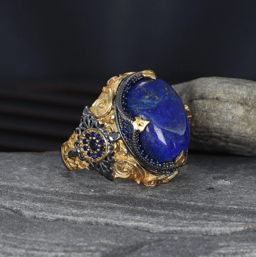 Rodaj Kaplamalı Lapis Lazuli Taşlı Gümüş Yüzük