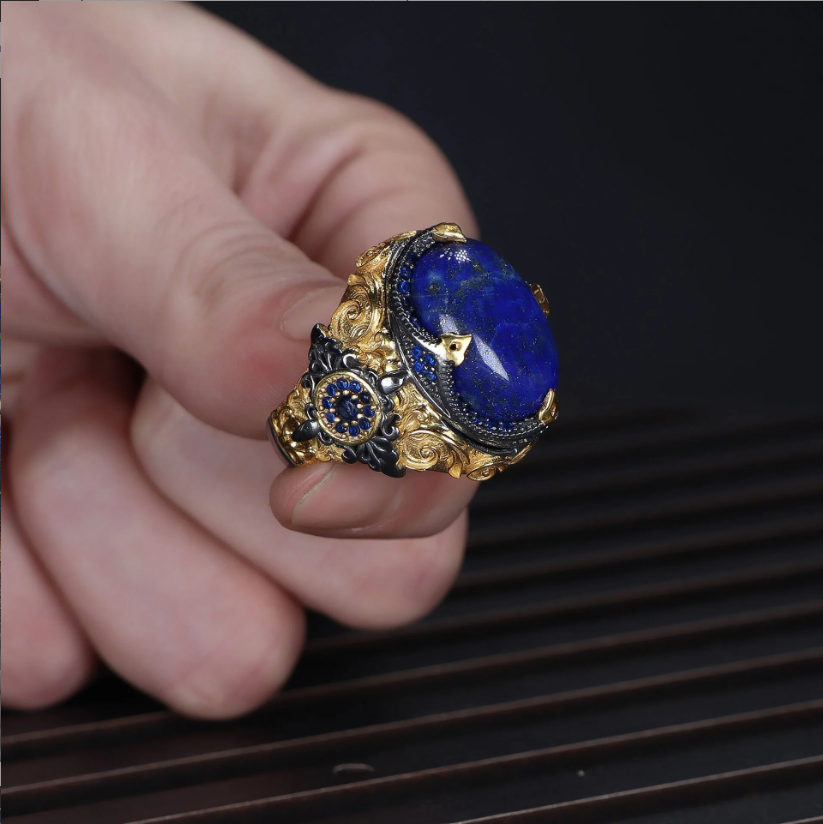 Rodaj Kaplamalı Lapis Lazuli Taşlı Gümüş Yüzük